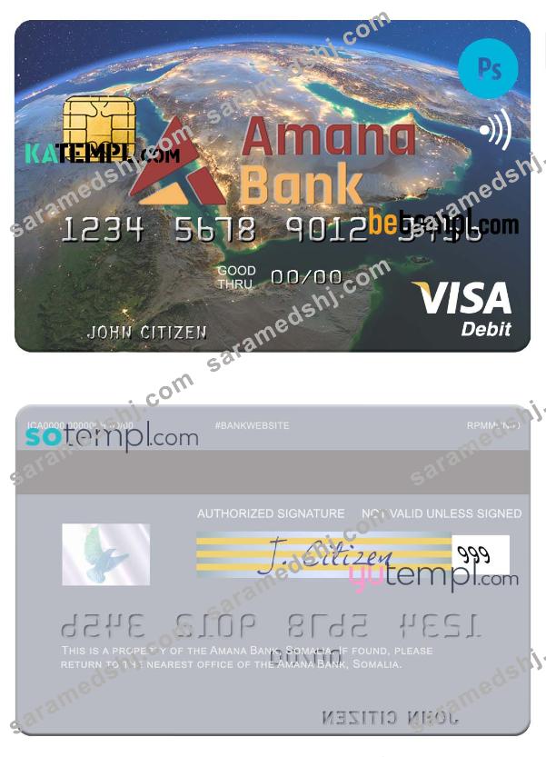 Somalia Amana Bank visa debit credit card template in PSD format